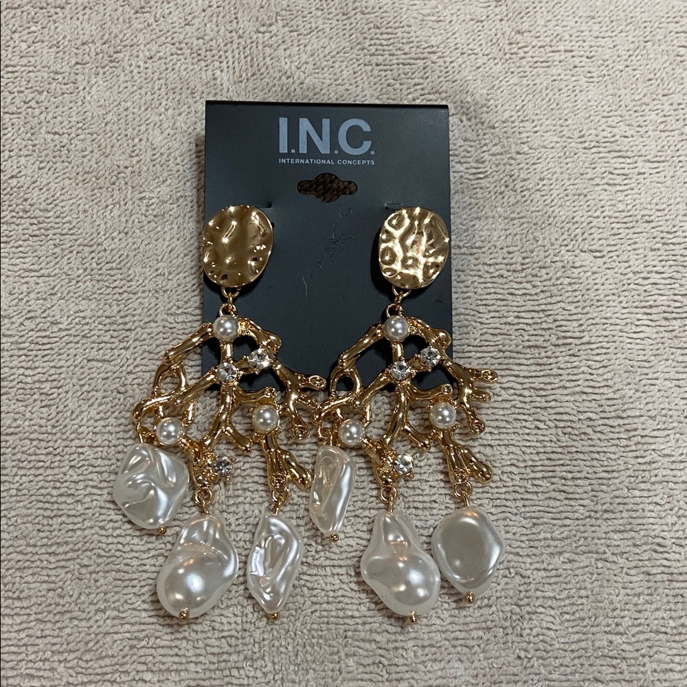 Gold and Pearl Drop Earrings by INC